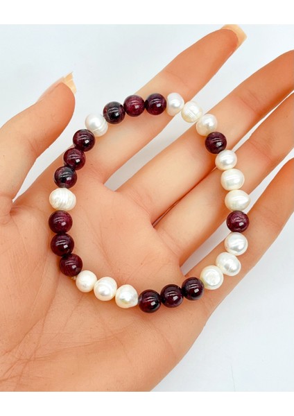 Sertifikalı Inci - Lal Garnet Doğal Taş Bileklik 8 mm
