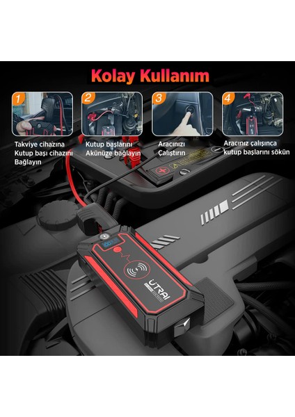 Jstar 4 24000 Mah 2500A Jump Starter Taşınabilir Akü Takviye Cihazı ( Kablosuz Şarj + Pusula + Çanta + LED Lamba + Powerbank )