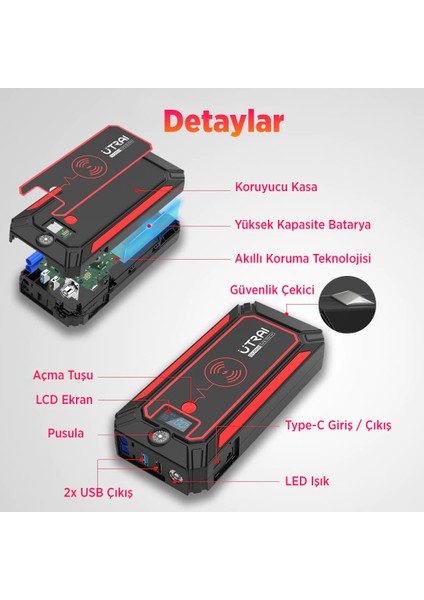 Jstar 4 24000 Mah 2500A Jump Starter Taşınabilir Akü Takviye Cihazı ( Kablosuz Şarj + Pusula + Çanta + LED Lamba + Powerbank )