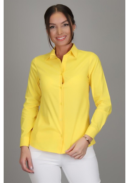 Sweetness Kadın Sarı Likralı Uzun Kol Pamuklu Klasik Gömlek fiyatları