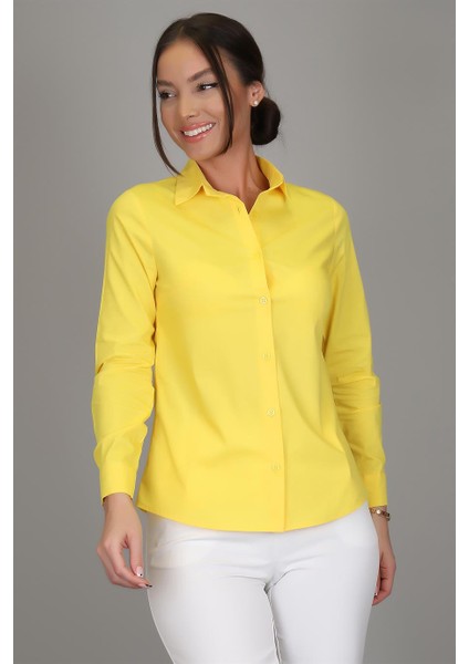 Sweetness Kadın Sarı Likralı Uzun Kol Pamuklu Klasik Gömlek modelleri