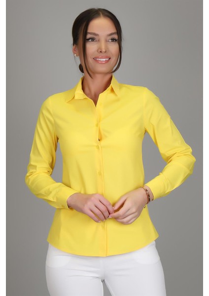 Sweetness Kadın Sarı Likralı Uzun Kol Pamuklu Klasik Gömlek indirimleri