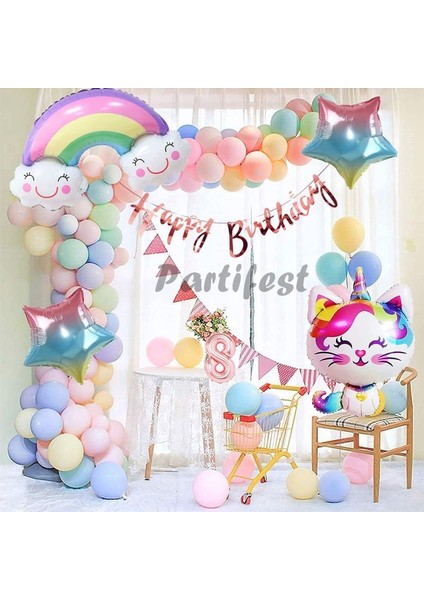 Unicorn Kedi Kitty Rakam Konsept 8 Yaş Balon Doğum Günü Set Yaş Balon Set