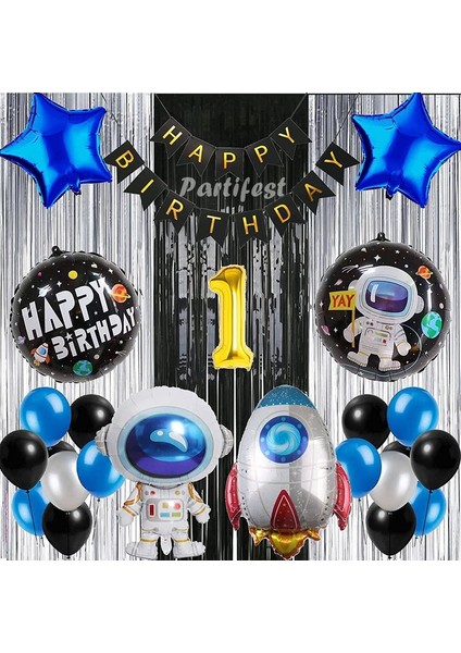 Kozmik Uzay 1 Yaş Balon Seti Galaksi Konsept Helyum Balon Set Astronot Uzay Mekiği Doğum Günü Set
