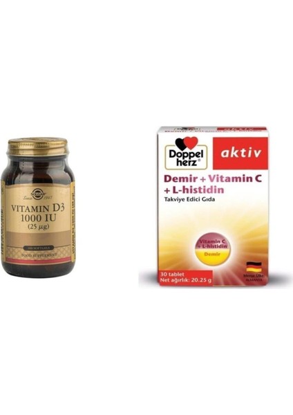 Vitamin D3 1000 Iu 100 Kapsül+Doppelherz Aktiv Demir Vitamin C + L-Histidin 30 Tablet