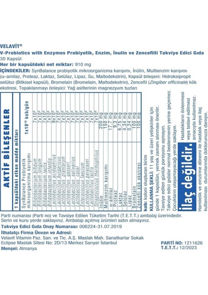 V-Probiotics With Enzymes 30 Kapsül Probiyotik, Enzim, Inulin ve Zencefil Içeren Takviye Edici Gıda fiyatları