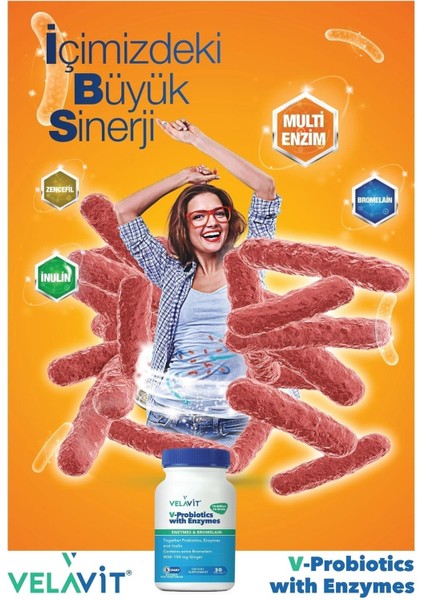 V-Probiotics With Enzymes 30 Kapsül Probiyotik, Enzim, Inulin ve Zencefil Içeren Takviye Edici Gıda modelleri