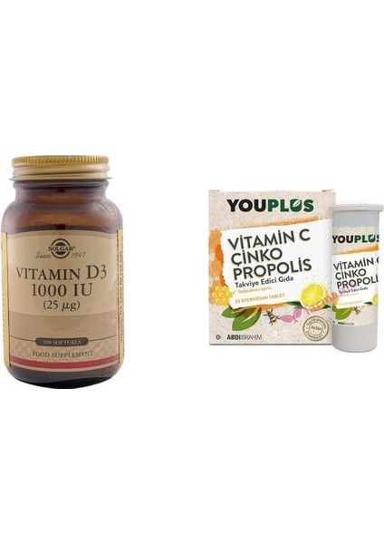 Vitamin D3 1000 Iu 100 Kapsül + You-Plus Vitamin C Çinko Propolis 20 Efervesan Tablet