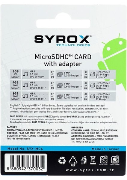 Syrox MC16 Microsd 16GB Hafıza Kartı
