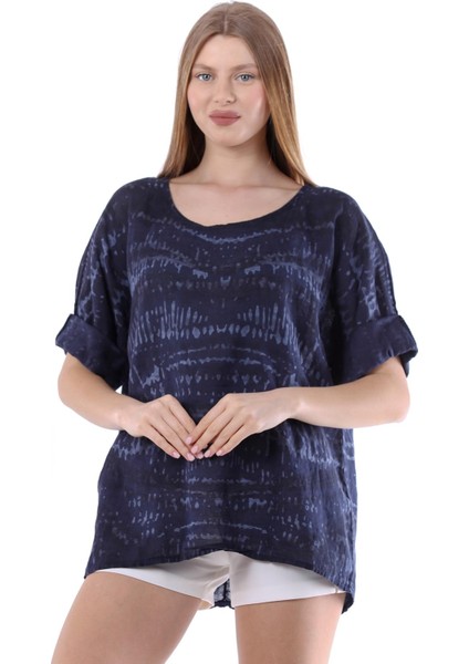 Kadın Lacivert Italyan Batik Desenli Oversize Keten Bluz