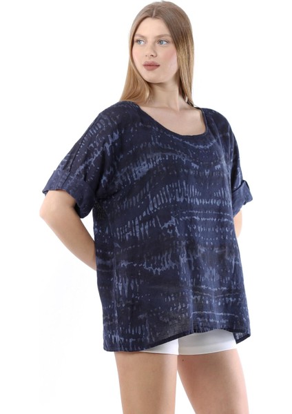 Kadın Lacivert Italyan Batik Desenli Oversize Keten Bluz