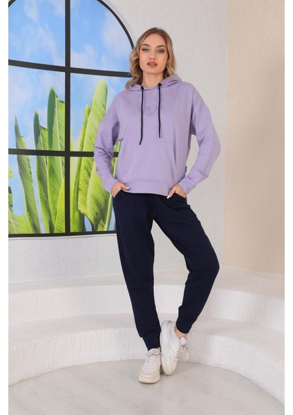 Kabartma Kalp Desenli Günlük Sweat Jogger Kadın Spor Takım Lila