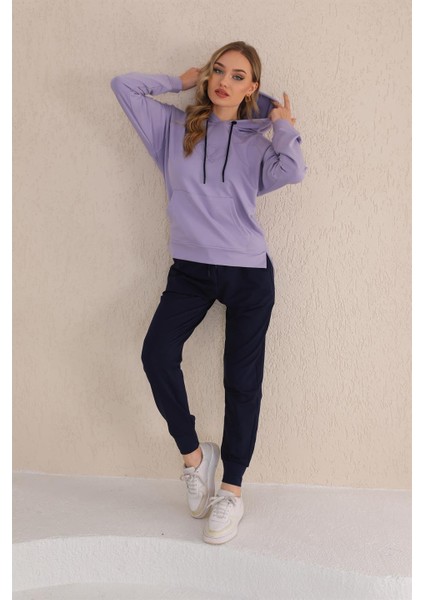 Kabartma Kalp Desenli Günlük Sweat Jogger Kadın Spor Takım Lila