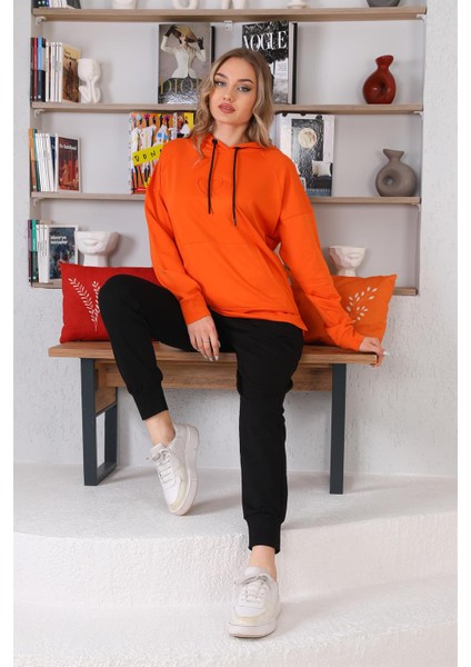 Kabartma Kalp Desenli Günlük Sweat Jogger Kadın Spor Takım Turuncu