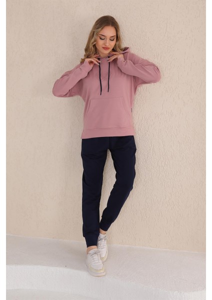 Kabartma Kalp Desenli Günlük Sweat Jogger Kadın Spor Takım Somon