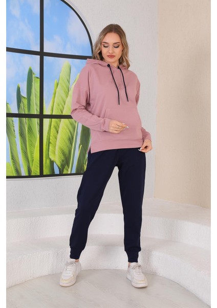 Kabartma Kalp Desenli Günlük Sweat Jogger Kadın Spor Takım Somon