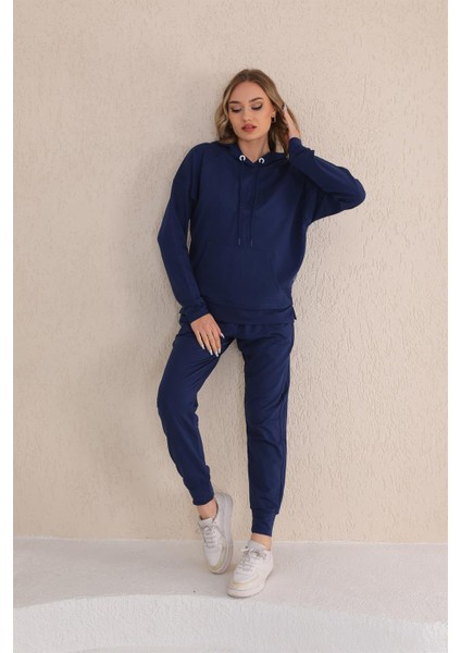 Kabartma Kalp Desenli Günlük Sweat Jogger Kadın Spor Takım Lacivert