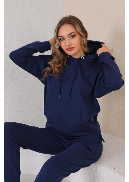 Kabartma Kalp Desenli Günlük Sweat Jogger Kadın Spor Takım Lacivert