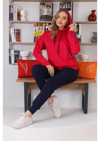 Kabartma Kalp Desenli Günlük Sweat Jogger Kadın Spor Takım Kırmızı