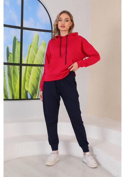 Kabartma Kalp Desenli Günlük Sweat Jogger Kadın Spor Takım Kırmızı fiyatları