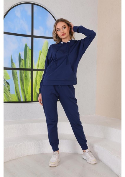 Kabartma Kalp Desenli Günlük Sweat Jogger Kadın Spor Takım Lacivert modelleri