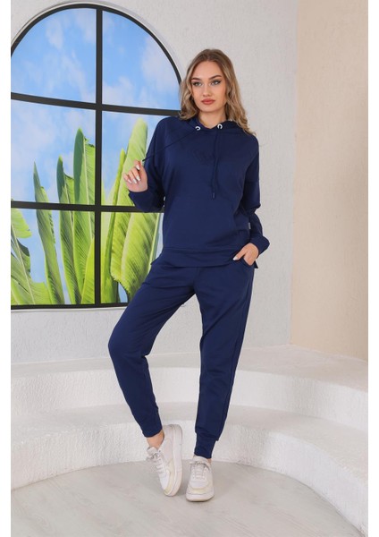 Kabartma Kalp Desenli Günlük Sweat Jogger Kadın Spor Takım Lacivert fırsatları