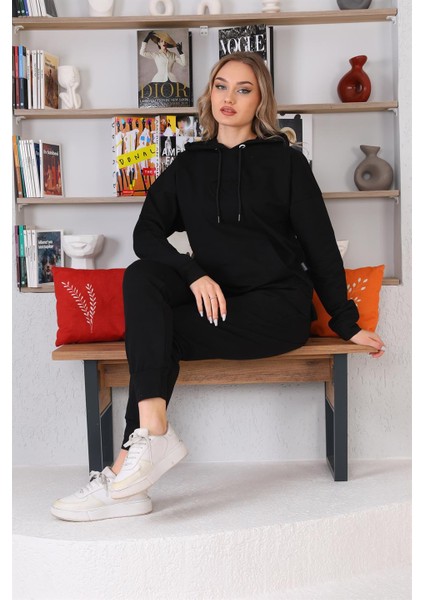 Kabartma Kalp Desenli Günlük Sweat Jogger Kadın Spor Takım Siyah fiyatları