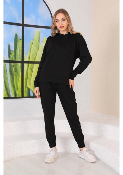 Kabartma Kalp Desenli Günlük Sweat Jogger Kadın Spor Takım Siyah modelleri