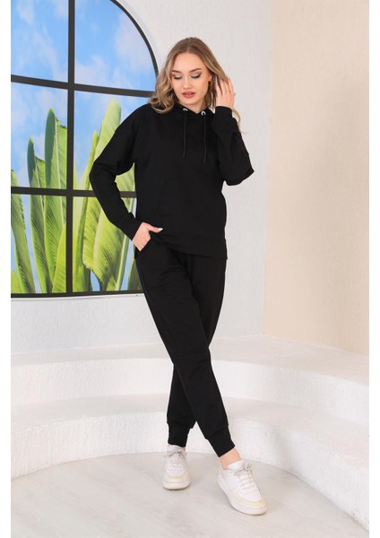 Kabartma Kalp Desenli Günlük Sweat Jogger Kadın Spor Takım Siyah fırsatları