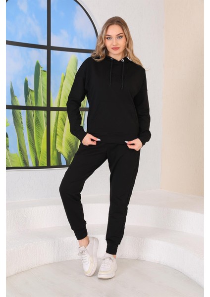 Kabartma Kalp Desenli Günlük Sweat Jogger Kadın Spor Takım Siyah indirimleri