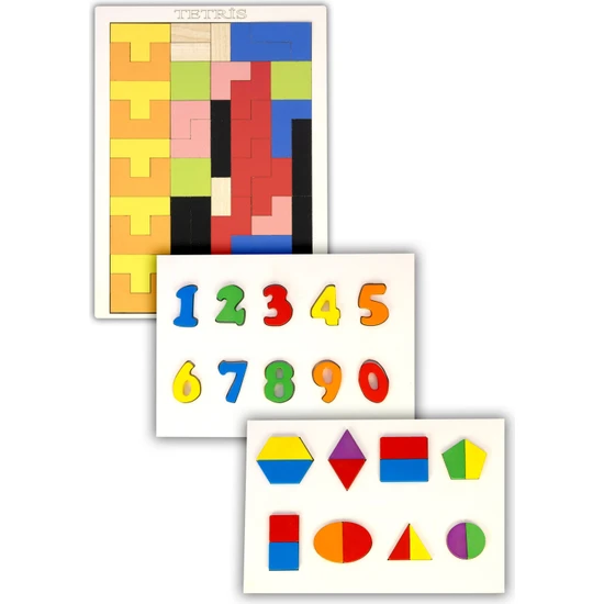 Capellawoodworks Ahşap Puzzle 3'ü 1 Arada Tetris-Rakamlar-Geometri