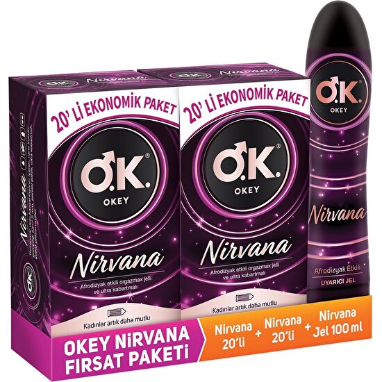 Okey Nirvana Prezervatif 40'lı + Okey Nirvana Uyarıcı Jel Su Bazlı 100 ml
