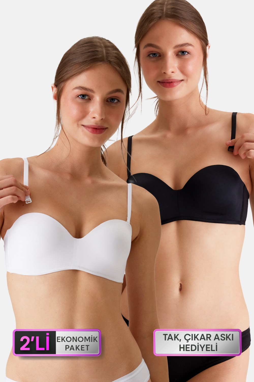 Pierre Cardin 2'li Ekonomik Paket Siyah-Beyaz 6800 Ales Ultra Hafif Bütün Kap Dolgusuz Micro Straplez Sütyen Set