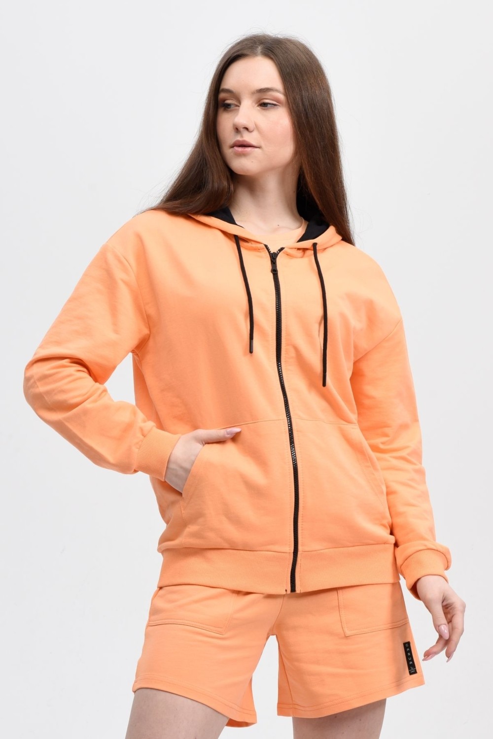 Defy's Alya Kadın %100 Pamuk 2 İplik Şardonsuz Oversize Kapüşonlu Fermuarlı Siyah Sweatshirt