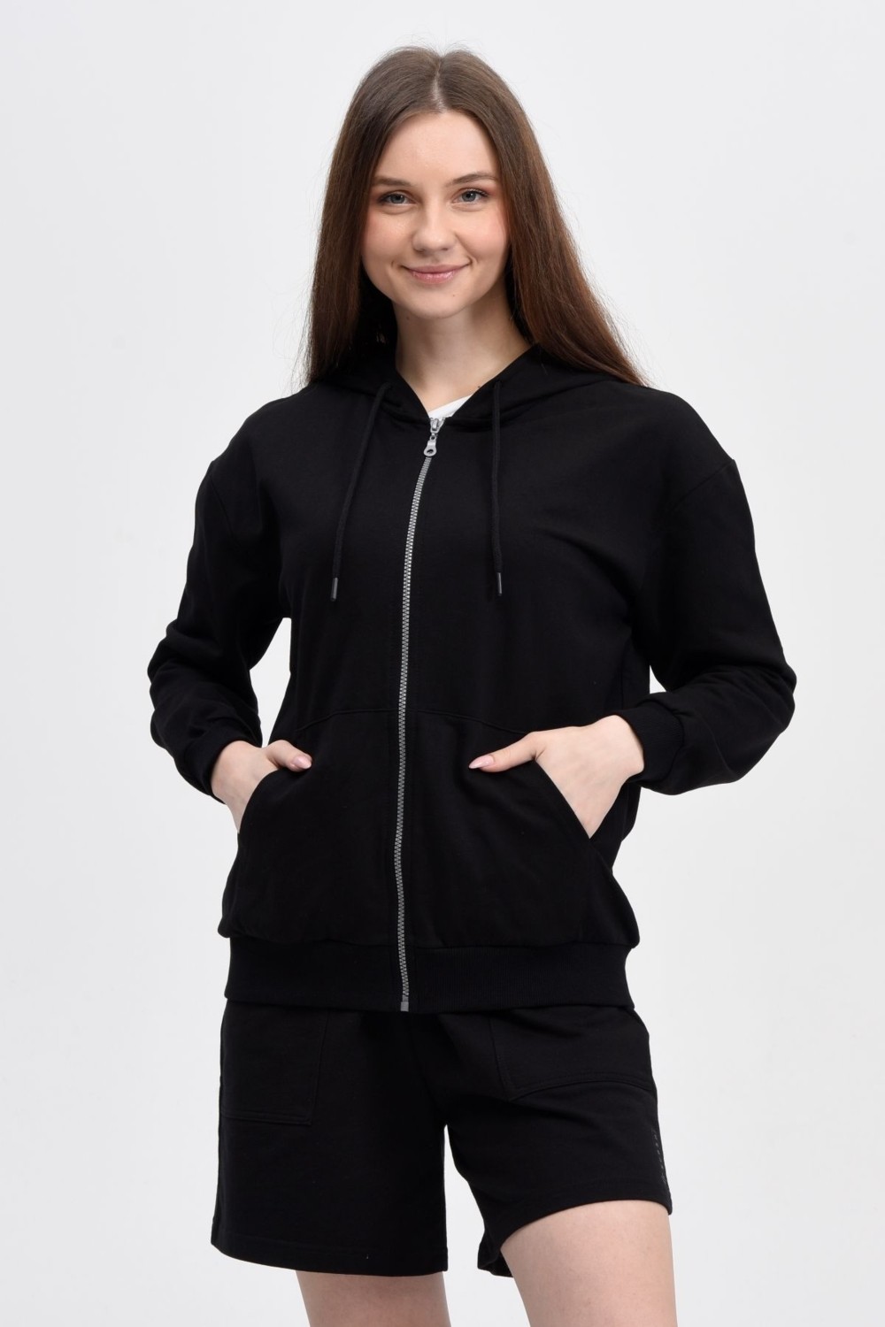 Defy's Alya Kadın %100 Pamuk 2 İplik Şardonsuz Oversize Kapüşonlu Fermuarlı Siyah Sweatshirt