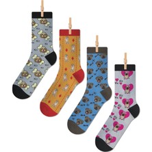 Çirkin Çoraplar Renkli Köpek Temalı Dört Mevsim Unisex 4'lü Soket Çorap Seti