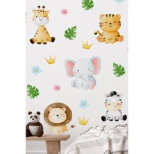 Msticker Suluboya Renklerinde Safari Hayvanları Yapraklar ve Çiçekler Duvar Cam Dolap Sticker Seti