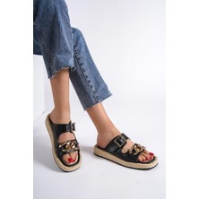 Modabuymus Mambo Zincir Tokalı Siyah Günlük Kadın Hasır Terlik