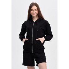 Defy's Alya Kadın %100 Pamuk 2 İplik Şardonsuz Oversize Kapüşonlu Fermuarlı Siyah Sweatshirt