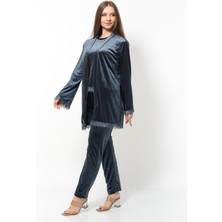 Kadın Kadife 3'lü Gecelik Takım Koyu Gri