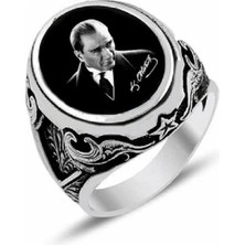 Gümüştanem Siyah Beyaz Atatürk Resimli 925 Ayar Gümüş Erkek Yüzük