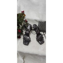 Çiğdem Kundura Platin Üç Bantlı Taşlı Önü Açık Kadeh Ökçeli Ayakkabı (Esf T8A) - Platin - 40 - ST01750-PLATİN-40