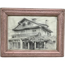 Ony Yapım Eski Dönem Koleksiyonluk Pembe Ahşap Çerçeveli Karakalem Tablo