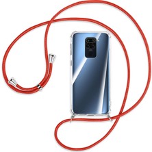 Teknomoda Xiaomi Redmi Note 9 Kılıf Boyun Omuz Askılı Kırmızı iPli Kordonlu Anti Şok Köşe Korumalı Şeffaf Silikon X-ROP