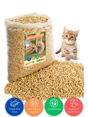 Sodra %100 Organik Çam Kokulu Kedi Kumu 20 lt(10 kg ) Topaklaşmayan Pelet Yüksek Emiş Gücü ile Kötü Koku Engeller