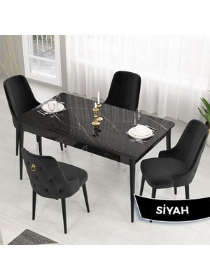 Canisa Lav Serisi Sabit 80X130 Siyah Mermer Desen Mutfak Masası Takımı 4 Sandalye Gold Halkalı
