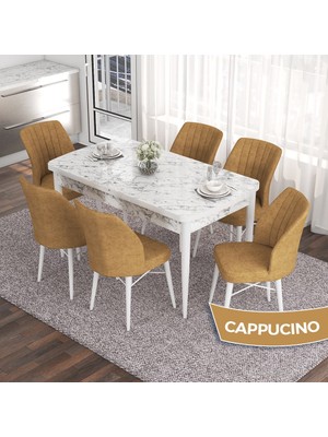 Canisa Concept Eva Serisi 80X132 Açılabilir Mdf Beyaz Mermer Desen Mutfak Masa Takımı ve 6 Sandalye