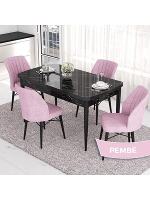 Canisa Concept Eva Serisi 80X132 Açılabilir Mdf Siyah Mermer Desen Masa Mutfak Masa Takımı ve 4 Sandalye