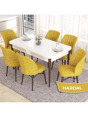 Canisa Concept Eva Serisi 80X132 Açılabilir Mdf Beyaz Masa Ceviz Ayak Mutfak Masa Takımı ve 6 Sandalye