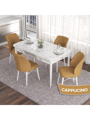 Canisa Concept Eva Serisi 80X132 Açılabilir Mdf Beyaz Mermer Desen Masa Mutfak Masa Takımı ve 4 Sandalye